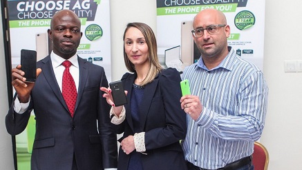 (L-r):   Boni Obieze, chief executive officer, Ringo Communication; Tayshira Santamaria, executive head Of Marketing (Global), Ag Mobile, and Craig Herr, sales & product manager, Ag Mobile, during the media launch of Ag Mobile in Nigeria, Wednesday.